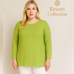 Chico’s Lime Green Crinkle Tunic Size 3 / 16 Long Sleeve Lightweight Blouse EUC